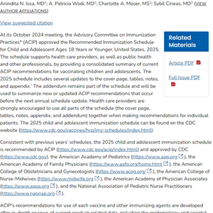Advisory Committee on Immunization Practices Recommended Immunization Schedule for Children and Adolescents Aged 18 Years or Younger — United States, 2025